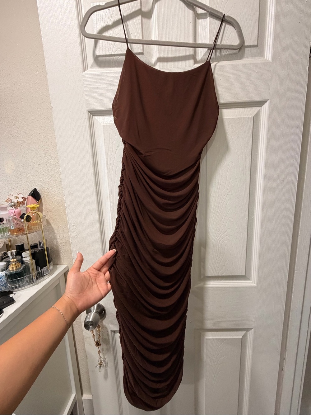 Miss Lola Strapless Ruched Midi Dress in Brown
